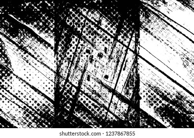 Grunge overlay layer. Abstract black and white vector background. Monochrome vintage surface with dirty pattern in cracks, spots, dots. Old wall in dark horror style design