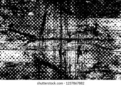 Grunge overlay layer. Abstract black and white vector background. Monochrome vintage surface with dirty pattern in cracks, spots, dots. Old wall in dark horror style design