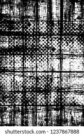 Grunge overlay layer. Abstract black and white vector background. Monochrome vintage surface with dirty pattern in cracks, spots, dots. Old wall in dark horror style design