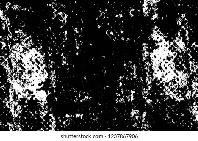 Grunge overlay layer. Abstract black and white vector background. Monochrome vintage surface with dirty pattern in cracks, spots, dots. Old wall in dark horror style design