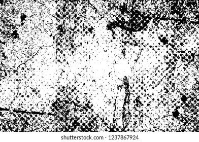 Grunge overlay layer. Abstract black and white vector background. Monochrome vintage surface with dirty pattern in cracks, spots, dots. Old wall in dark horror style design