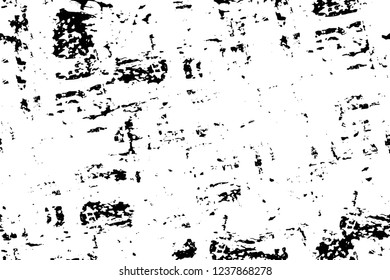 Grunge overlay layer. Abstract black and white vector background. Monochrome vintage surface with dirty pattern in cracks, spots, dots. Old wall in dark horror style design