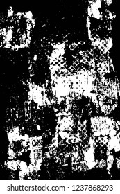 Grunge overlay layer. Abstract black and white vector background. Monochrome vintage surface with dirty pattern in cracks, spots, dots. Old wall in dark horror style design