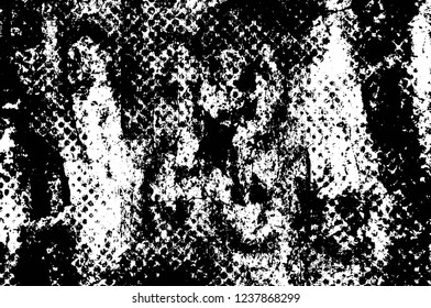 Grunge overlay layer. Abstract black and white vector background. Monochrome vintage surface with dirty pattern in cracks, spots, dots. Old wall in dark horror style design