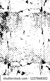 Grunge overlay layer. Abstract black and white vector background. Monochrome vintage surface with dirty pattern in cracks, spots, dots. Old wall in dark horror style design