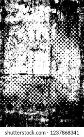 Grunge overlay layer. Abstract black and white vector background. Monochrome vintage surface with dirty pattern in cracks, spots, dots. Old wall in dark horror style design