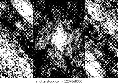 Grunge overlay layer. Abstract black and white vector background. Monochrome vintage surface with dirty pattern in cracks, spots, dots. Old wall in dark horror style design