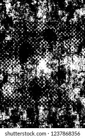 Grunge overlay layer. Abstract black and white vector background. Monochrome vintage surface with dirty pattern in cracks, spots, dots. Old wall in dark horror style design