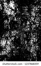 Grunge overlay layer. Abstract black and white vector background. Monochrome vintage surface with dirty pattern in cracks, spots, dots. Old wall in dark horror style design