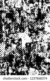 Grunge overlay layer. Abstract black and white vector background. Monochrome vintage surface with dirty pattern in cracks, spots, dots. Old wall in dark horror style design