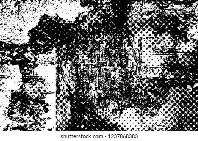 Grunge overlay layer. Abstract black and white vector background. Monochrome vintage surface with dirty pattern in cracks, spots, dots. Old wall in dark horror style design