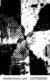 Grunge overlay layer. Abstract black and white vector background. Monochrome vintage surface with dirty pattern in cracks, spots, dots. Old wall in dark horror style design
