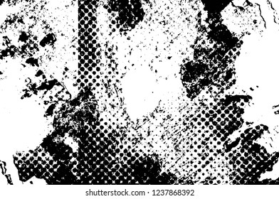 Grunge overlay layer. Abstract black and white vector background. Monochrome vintage surface with dirty pattern in cracks, spots, dots. Old wall in dark horror style design
