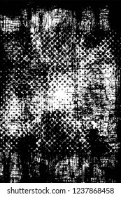 Grunge overlay layer. Abstract black and white vector background. Monochrome vintage surface with dirty pattern in cracks, spots, dots. Old wall in dark horror style design