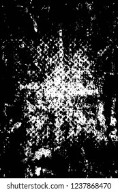 Grunge overlay layer. Abstract black and white vector background. Monochrome vintage surface with dirty pattern in cracks, spots, dots. Old wall in dark horror style design