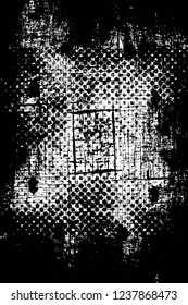 Grunge overlay layer. Abstract black and white vector background. Monochrome vintage surface with dirty pattern in cracks, spots, dots. Old wall in dark horror style design