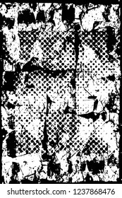 Grunge overlay layer. Abstract black and white vector background. Monochrome vintage surface with dirty pattern in cracks, spots, dots. Old wall in dark horror style design