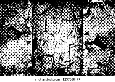 Grunge overlay layer. Abstract black and white vector background. Monochrome vintage surface with dirty pattern in cracks, spots, dots. Old wall in dark horror style design