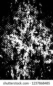 Grunge overlay layer. Abstract black and white vector background. Monochrome vintage surface with dirty pattern in cracks, spots, dots. Old wall in dark horror style design