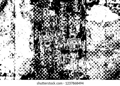 Grunge overlay layer. Abstract black and white vector background. Monochrome vintage surface with dirty pattern in cracks, spots, dots. Old wall in dark horror style design