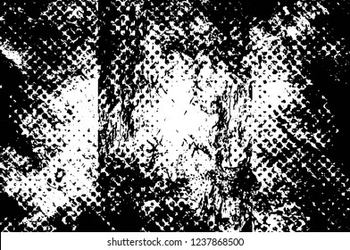 Grunge overlay layer. Abstract black and white vector background. Monochrome vintage surface with dirty pattern in cracks, spots, dots. Old wall in dark horror style design