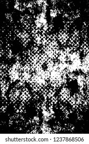 Grunge overlay layer. Abstract black and white vector background. Monochrome vintage surface with dirty pattern in cracks, spots, dots. Old wall in dark horror style design