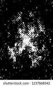 Grunge overlay layer. Abstract black and white vector background. Monochrome vintage surface with dirty pattern in cracks, spots, dots. Old wall in dark horror style design