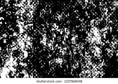 Grunge overlay layer. Abstract black and white vector background. Monochrome vintage surface with dirty pattern in cracks, spots, dots. Old wall in dark horror style design