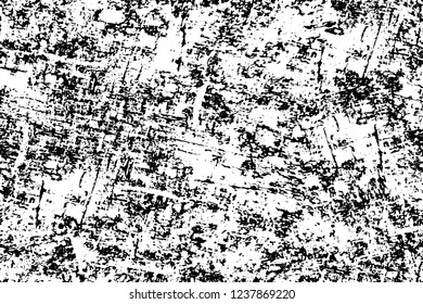Grunge overlay layer. Abstract black and white vector background. Monochrome vintage surface with dirty pattern in cracks, spots, dots. Old wall in dark horror style design