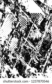 Grunge overlay layer. Abstract black and white vector background. Monochrome vintage surface with dirty pattern in cracks, spots, dots. Old wall in dark horror style design