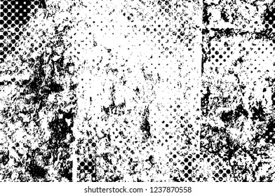 Grunge overlay layer. Abstract black and white vector background. Monochrome vintage surface with dirty pattern in cracks, spots, dots. Old wall in dark horror style design