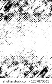 Grunge overlay layer. Abstract black and white vector background. Monochrome vintage surface with dirty pattern in cracks, spots, dots. Old wall in dark horror style design