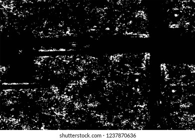 Grunge overlay layer. Abstract black and white vector background. Monochrome vintage surface with dirty pattern in cracks, spots, dots. Old wall in dark horror style design