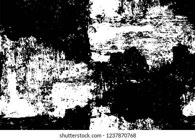 Grunge overlay layer. Abstract black and white vector background. Monochrome vintage surface with dirty pattern in cracks, spots, dots. Old wall in dark horror style design