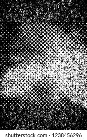 Grunge overlay layer. Abstract black and white vector background. Monochrome vintage surface with dirty pattern in cracks, spots, dots. Old wall in dark horror style design