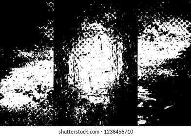 Grunge overlay layer. Abstract black and white vector background. Monochrome vintage surface with dirty pattern in cracks, spots, dots. Old wall in dark horror style design