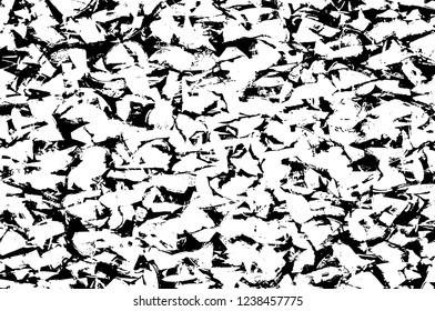 Grunge overlay layer. Abstract black and white vector background. Monochrome vintage surface with dirty pattern in cracks, spots, dots. Old wall in dark horror style design