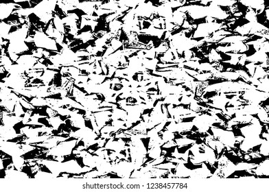 Grunge overlay layer. Abstract black and white vector background. Monochrome vintage surface with dirty pattern in cracks, spots, dots. Old wall in dark horror style design