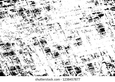 Grunge overlay layer. Abstract black and white vector background. Monochrome vintage surface with dirty pattern in cracks, spots, dots. Old wall in dark horror style design