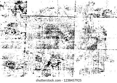 Grunge overlay layer. Abstract black and white vector background. Monochrome vintage surface with dirty pattern in cracks, spots, dots. Old wall in dark horror style design
