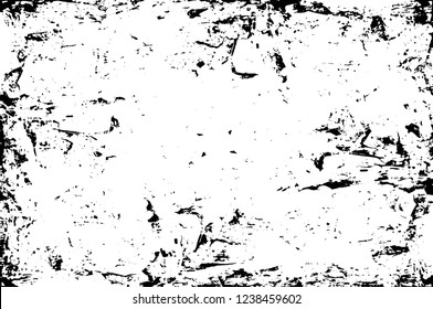 Grunge overlay layer. Abstract black and white vector background. Monochrome vintage surface with dirty pattern in cracks, spots, dots. Old wall in dark horror style design