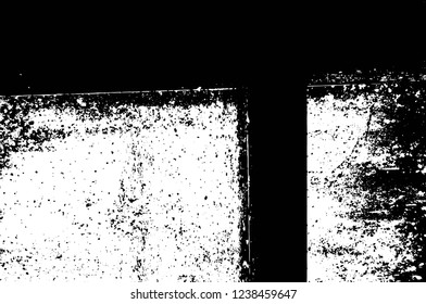 Grunge overlay layer. Abstract black and white vector background. Monochrome vintage surface with dirty pattern in cracks, spots, dots. Old wall in dark horror style design