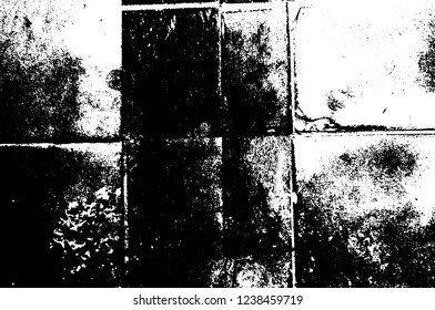 Grunge overlay layer. Abstract black and white vector background. Monochrome vintage surface with dirty pattern in cracks, spots, dots. Old wall in dark horror style design