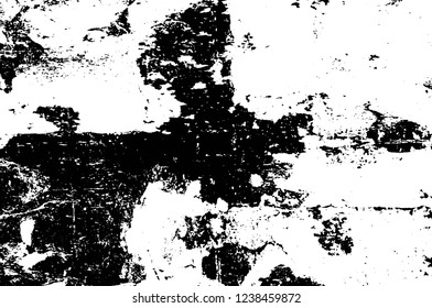 Grunge overlay layer. Abstract black and white vector background. Monochrome vintage surface with dirty pattern in cracks, spots, dots. Old wall in dark horror style design