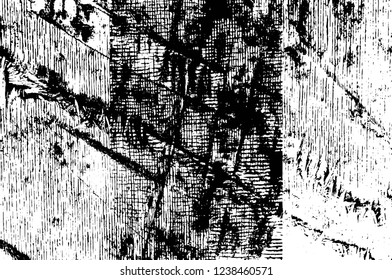 Grunge overlay layer. Abstract black and white vector background. Monochrome vintage surface with dirty pattern in cracks, spots, dots. Old wall in dark horror style design