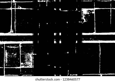 Grunge overlay layer. Abstract black and white vector background. Monochrome vintage surface with dirty pattern in cracks, spots, dots. Old wall in dark horror style design