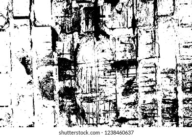 Grunge overlay layer. Abstract black and white vector background. Monochrome vintage surface with dirty pattern in cracks, spots, dots. Old wall in dark horror style design