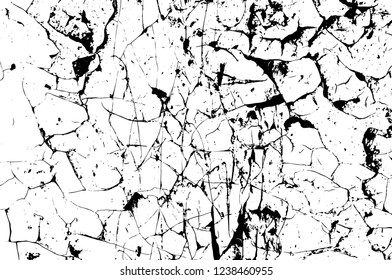 Grunge overlay layer. Abstract black and white vector background. Monochrome vintage surface with dirty pattern in cracks, spots, dots. Old wall in dark horror style design