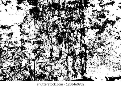 Grunge overlay layer. Abstract black and white vector background. Monochrome vintage surface with dirty pattern in cracks, spots, dots. Old wall in dark horror style design