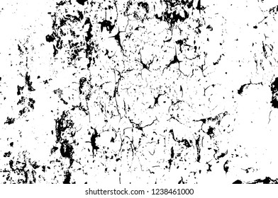 Grunge overlay layer. Abstract black and white vector background. Monochrome vintage surface with dirty pattern in cracks, spots, dots. Old wall in dark horror style design